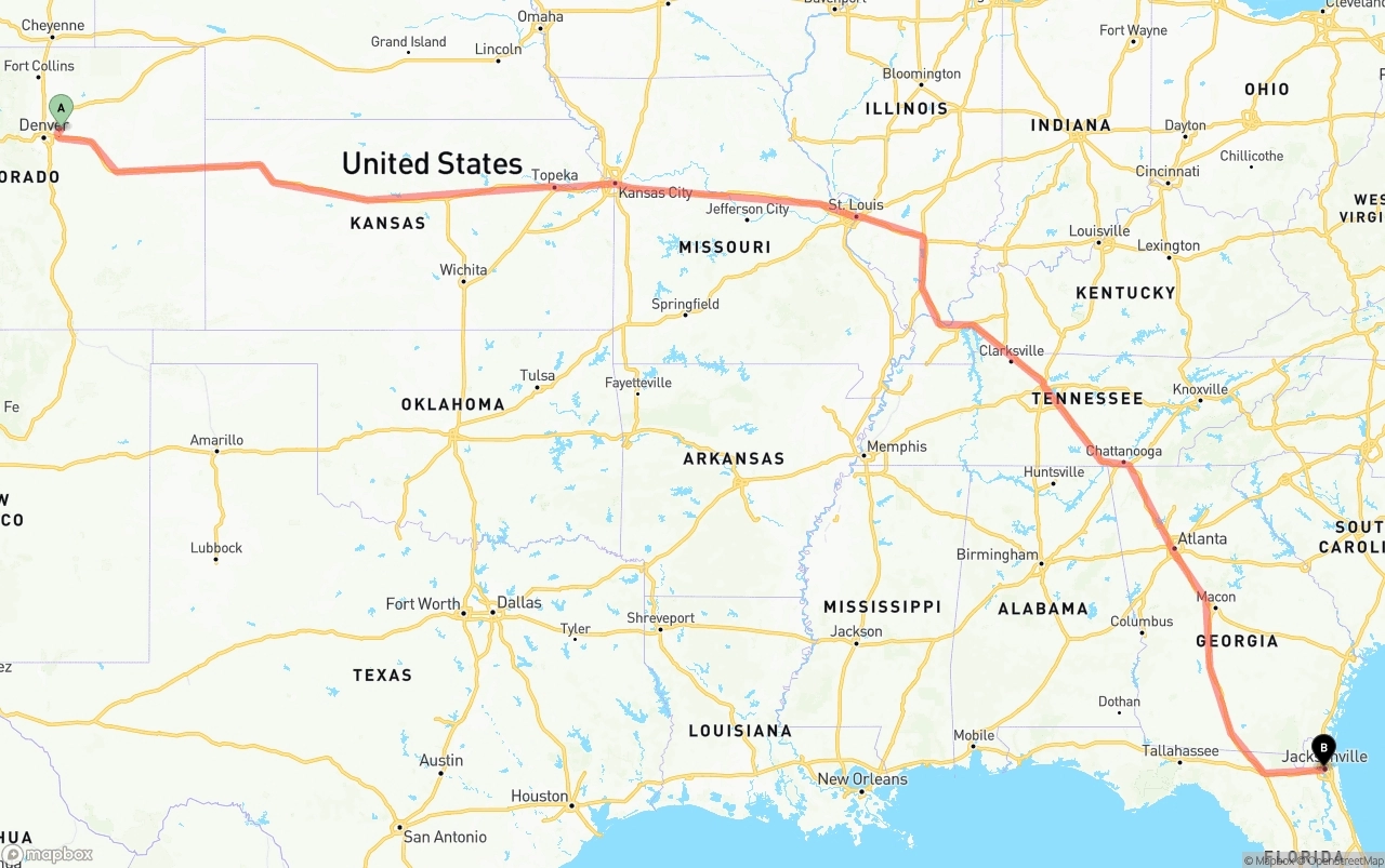 Shipping route from Denver International Airport to Jacksonville