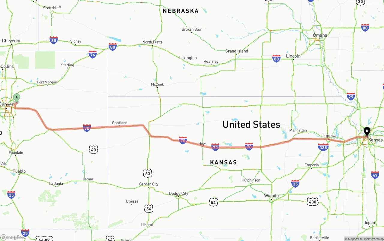 Shipping route from Denver International Airport to Kansas City