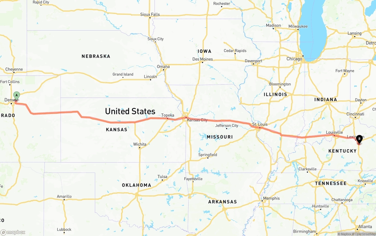 Shipping route from Denver International Airport to Kentucky
