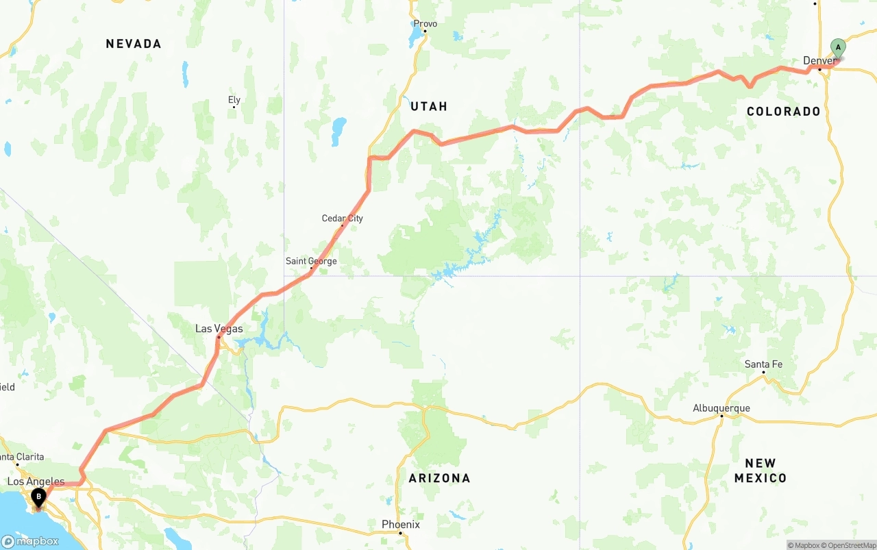 Shipping route from Denver International Airport to Long Beach