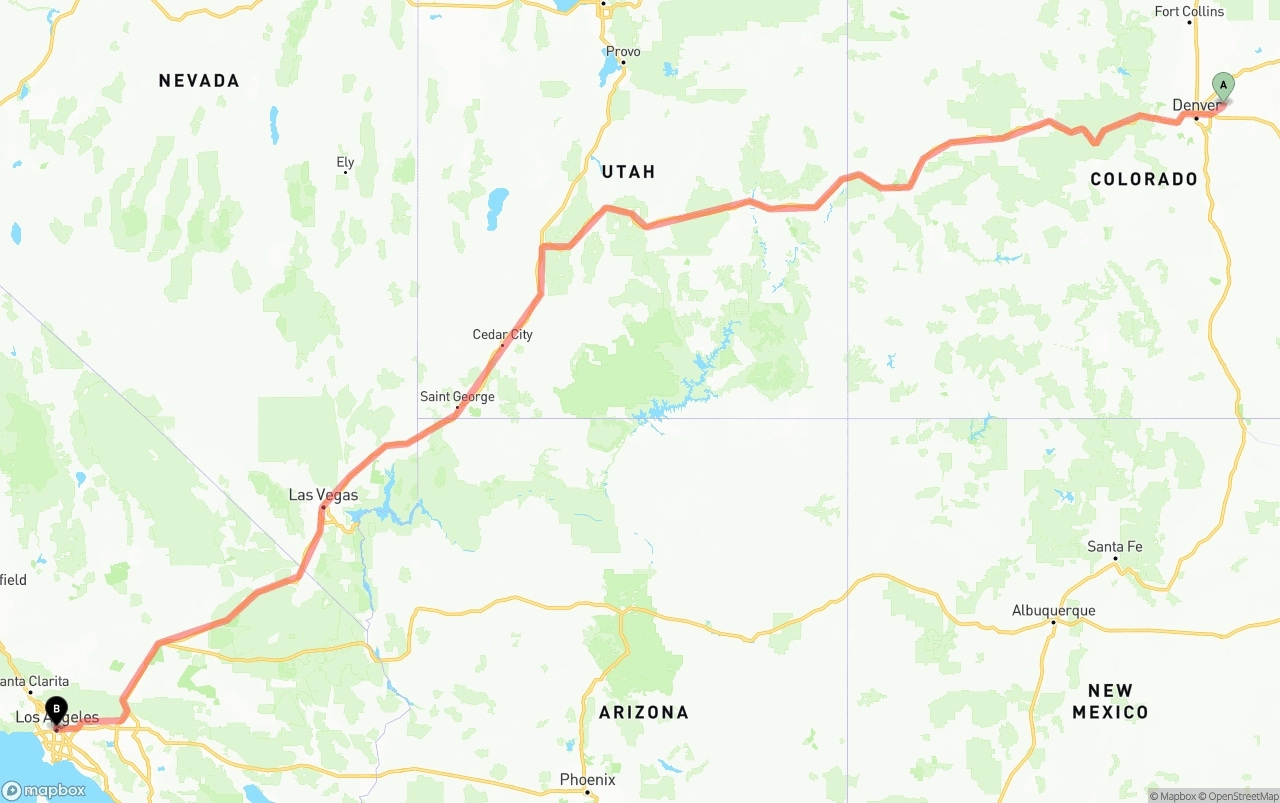 Shipping route from Denver International Airport to Los Angeles