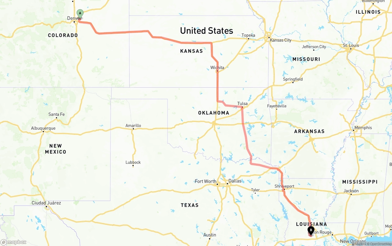 Shipping route from Denver International Airport to Louisiana