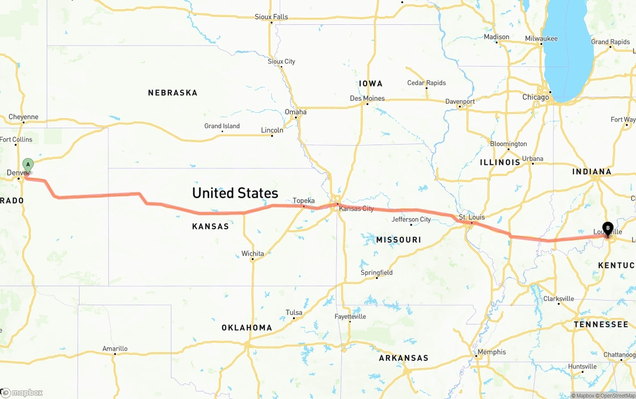 Shipping route from Denver International Airport to Louisville