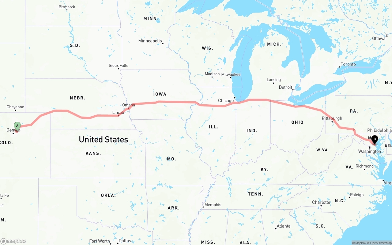 Shipping route from Denver International Airport to Maryland