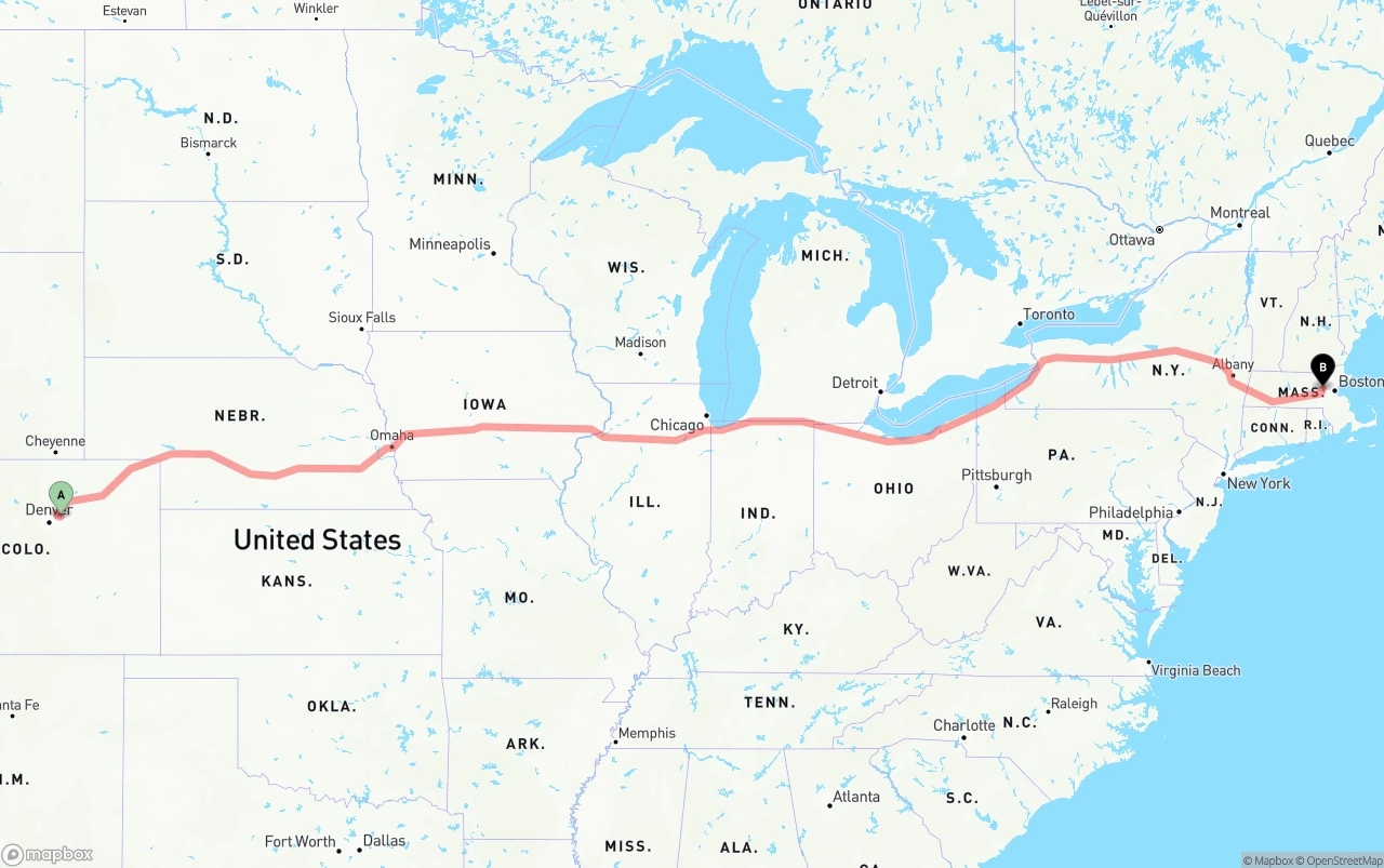 Shipping route from Denver International Airport to Massachusetts