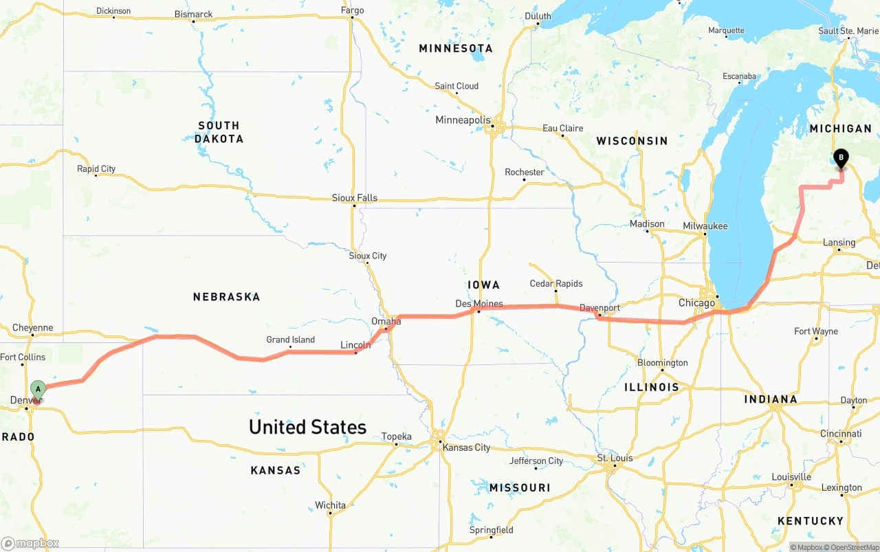 Shipping route from Denver International Airport to Michigan