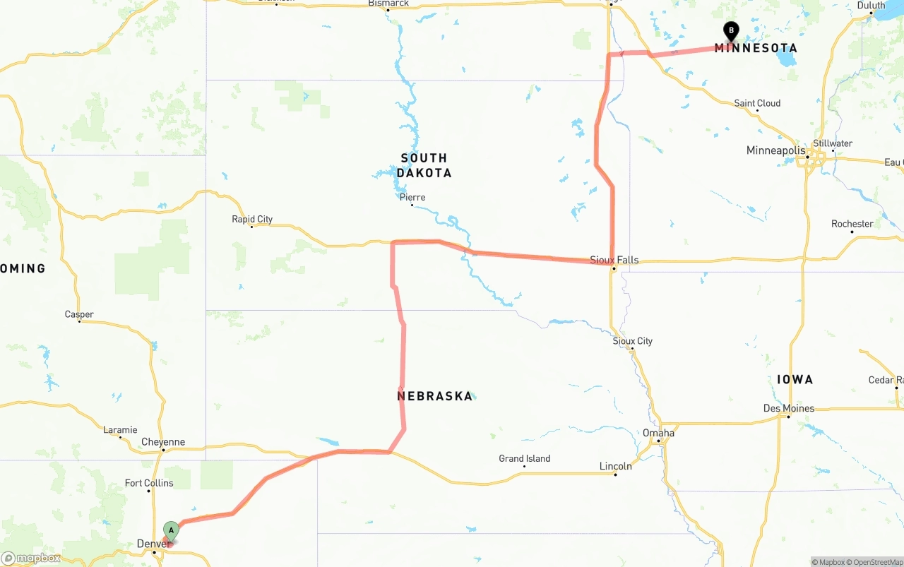 Shipping route from Denver International Airport to Minnesota