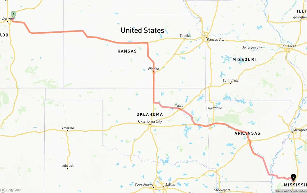 Shipping route from Denver International Airport to Mississippi