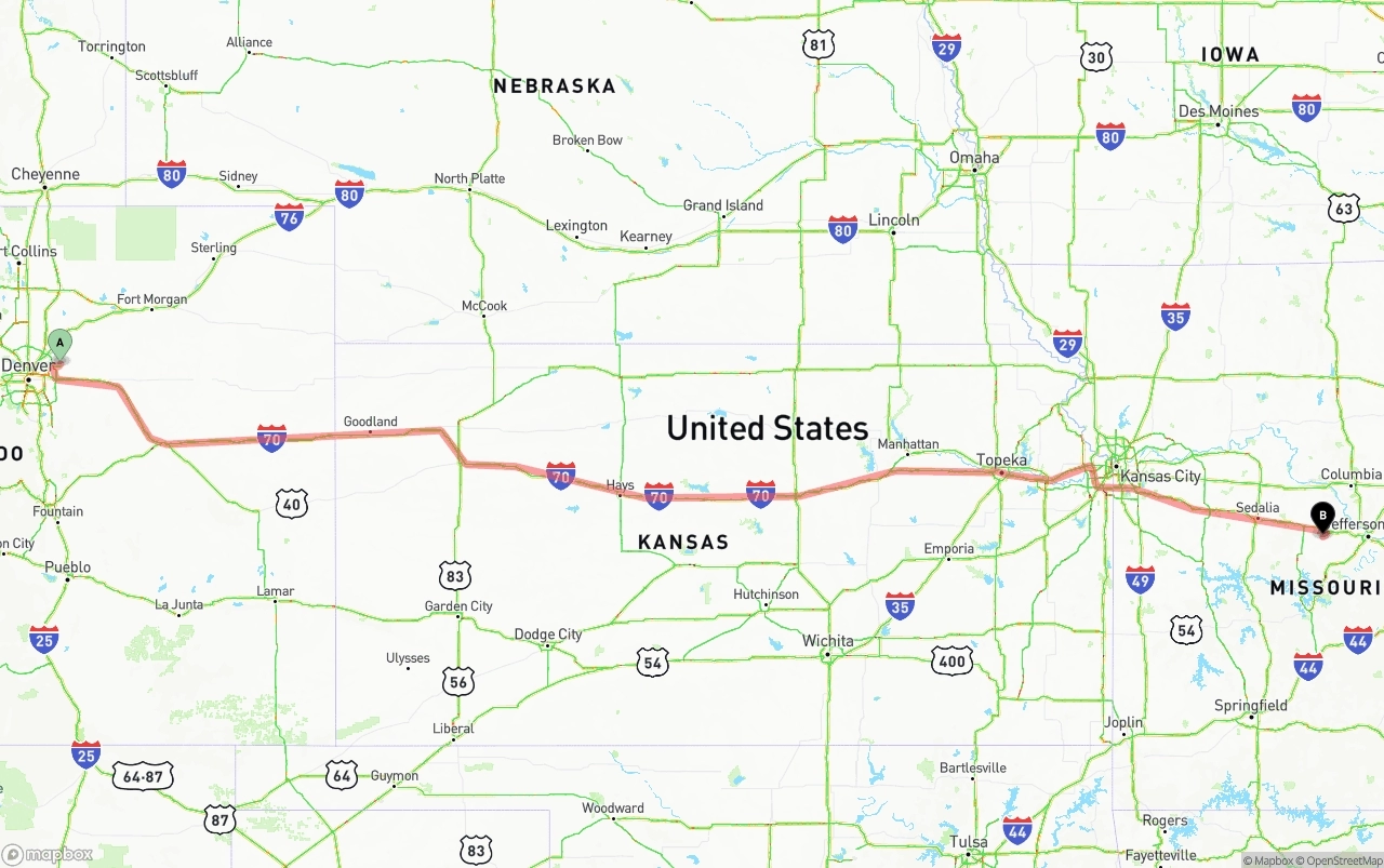 Shipping route from Denver International Airport to Missouri