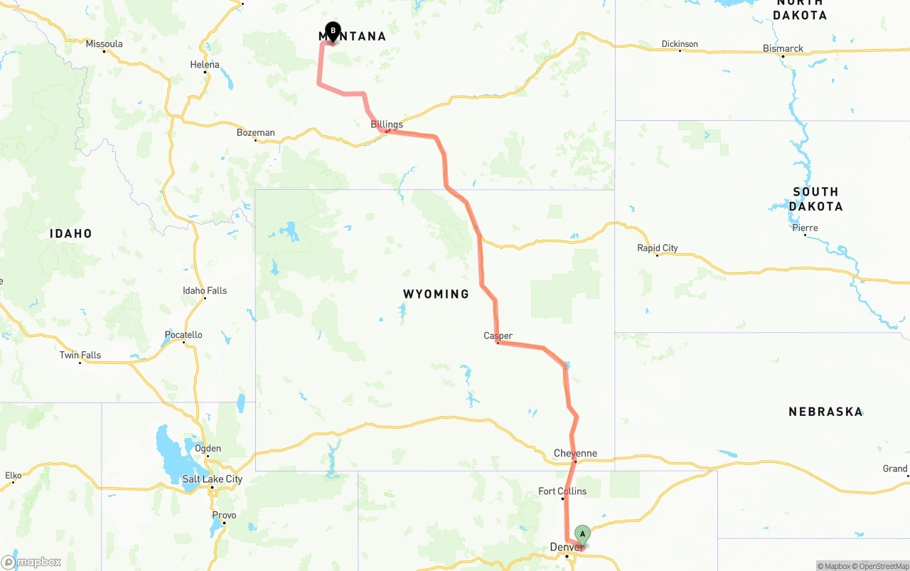 Shipping route from Denver International Airport to Montana
