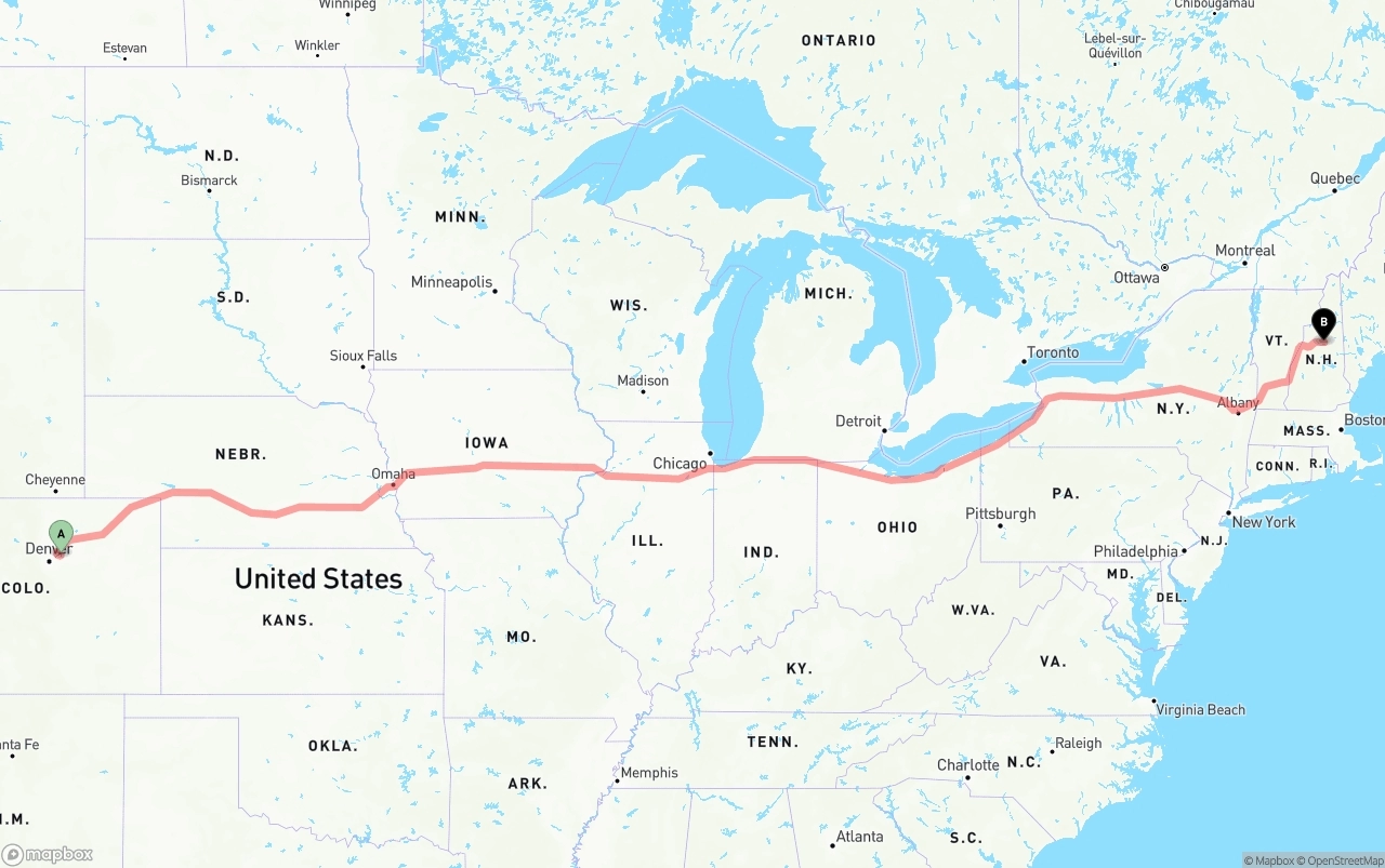Shipping route from Denver International Airport to New Hampshire