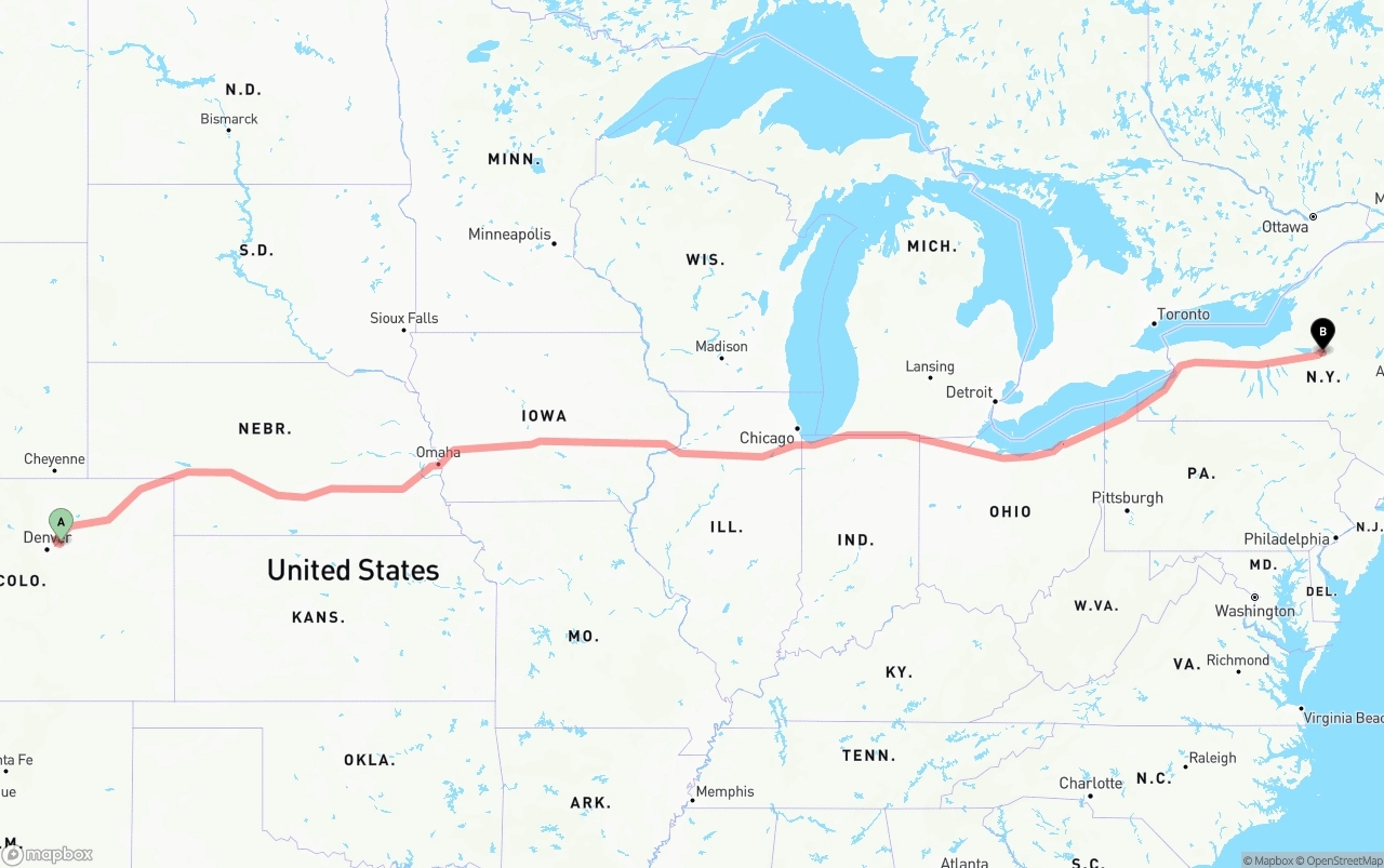 Shipping route from Denver International Airport to New York