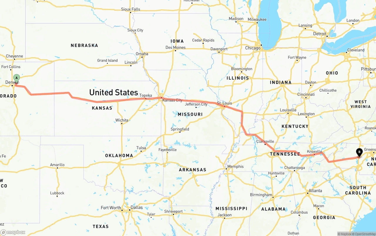 Shipping route from Denver International Airport to North Carolina