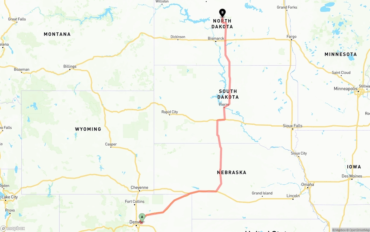 Shipping route from Denver International Airport to North Dakota