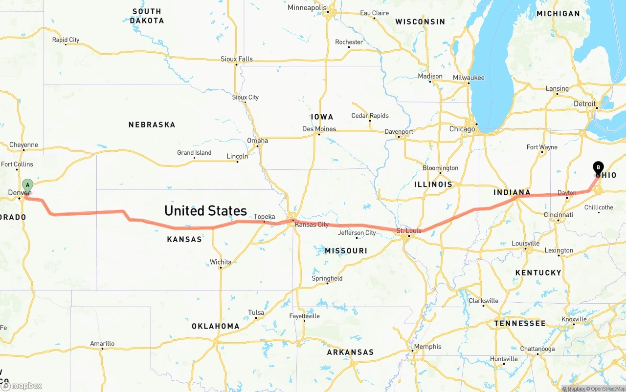 Shipping route from Denver International Airport to Ohio