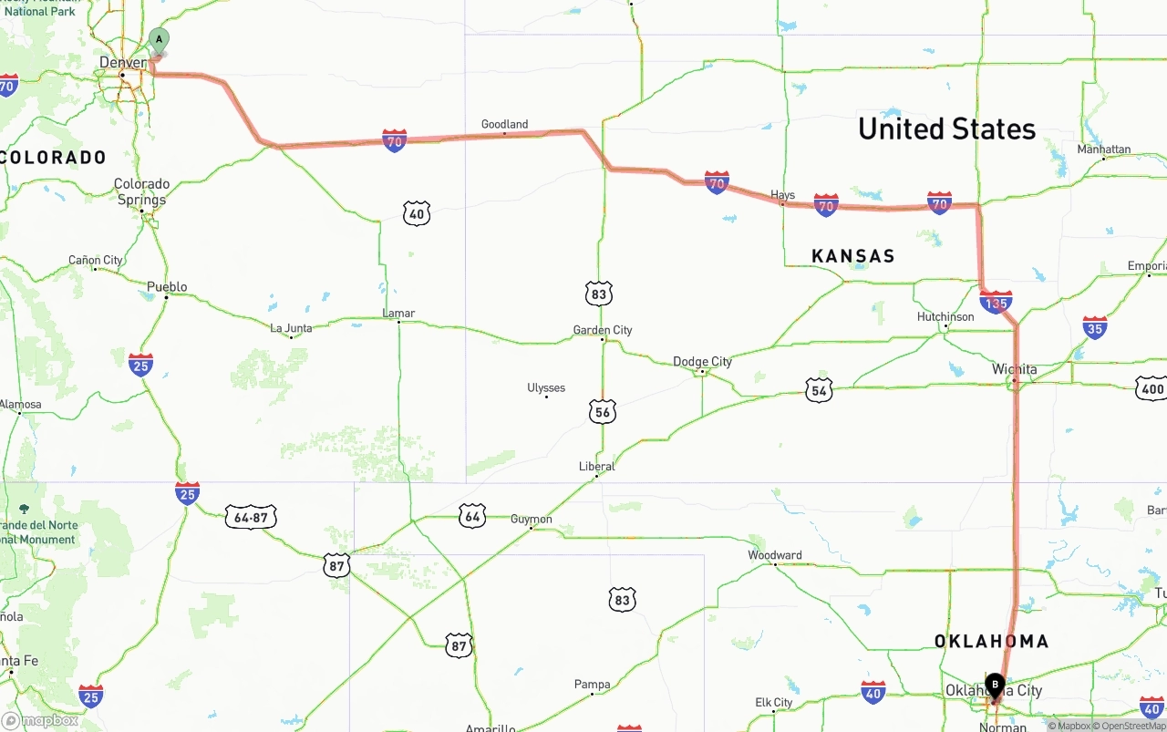 Shipping route from Denver International Airport to Oklahoma City