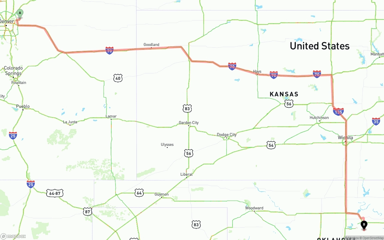 Shipping route from Denver International Airport to Oklahoma