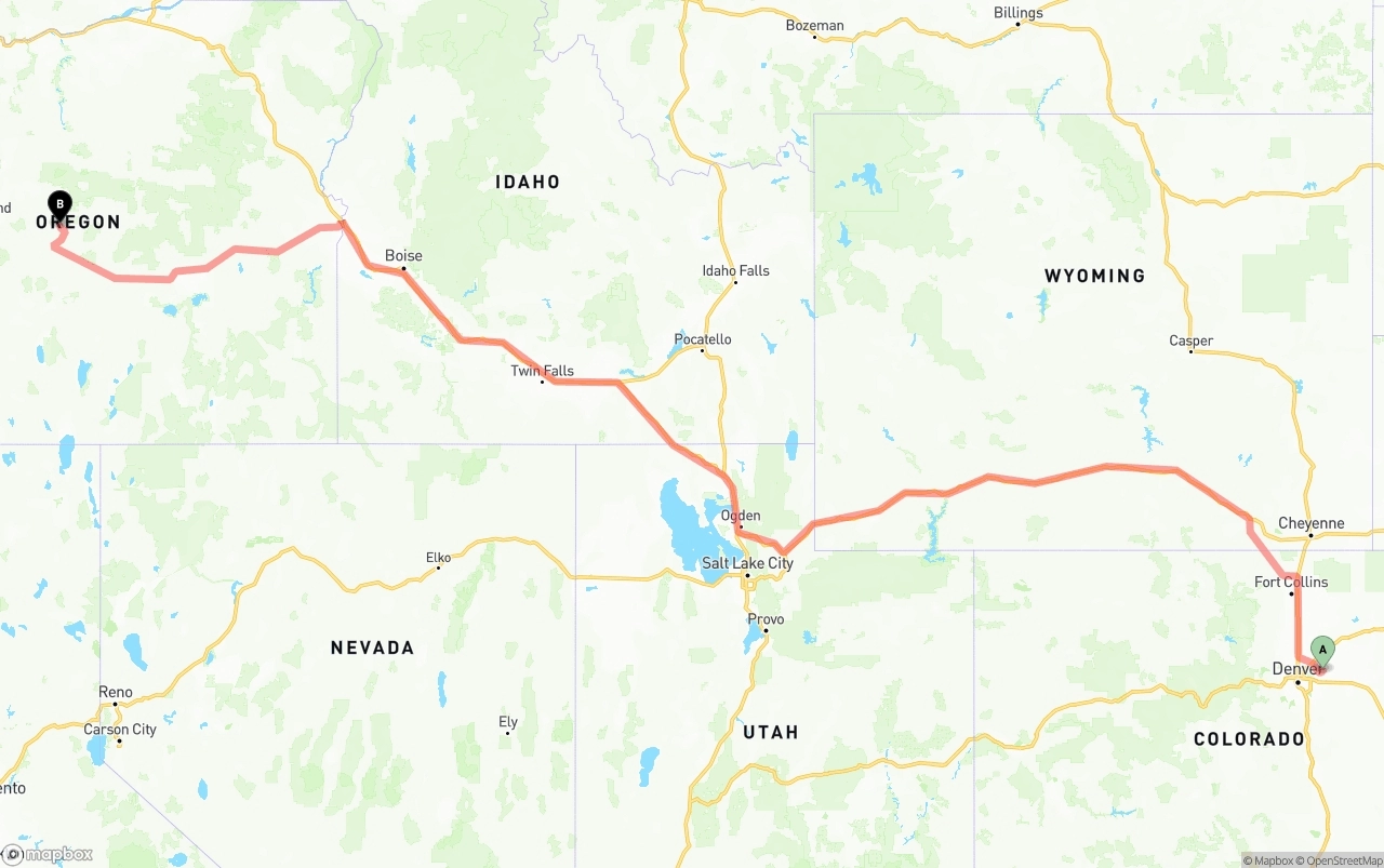 Shipping route from Denver International Airport to Oregon