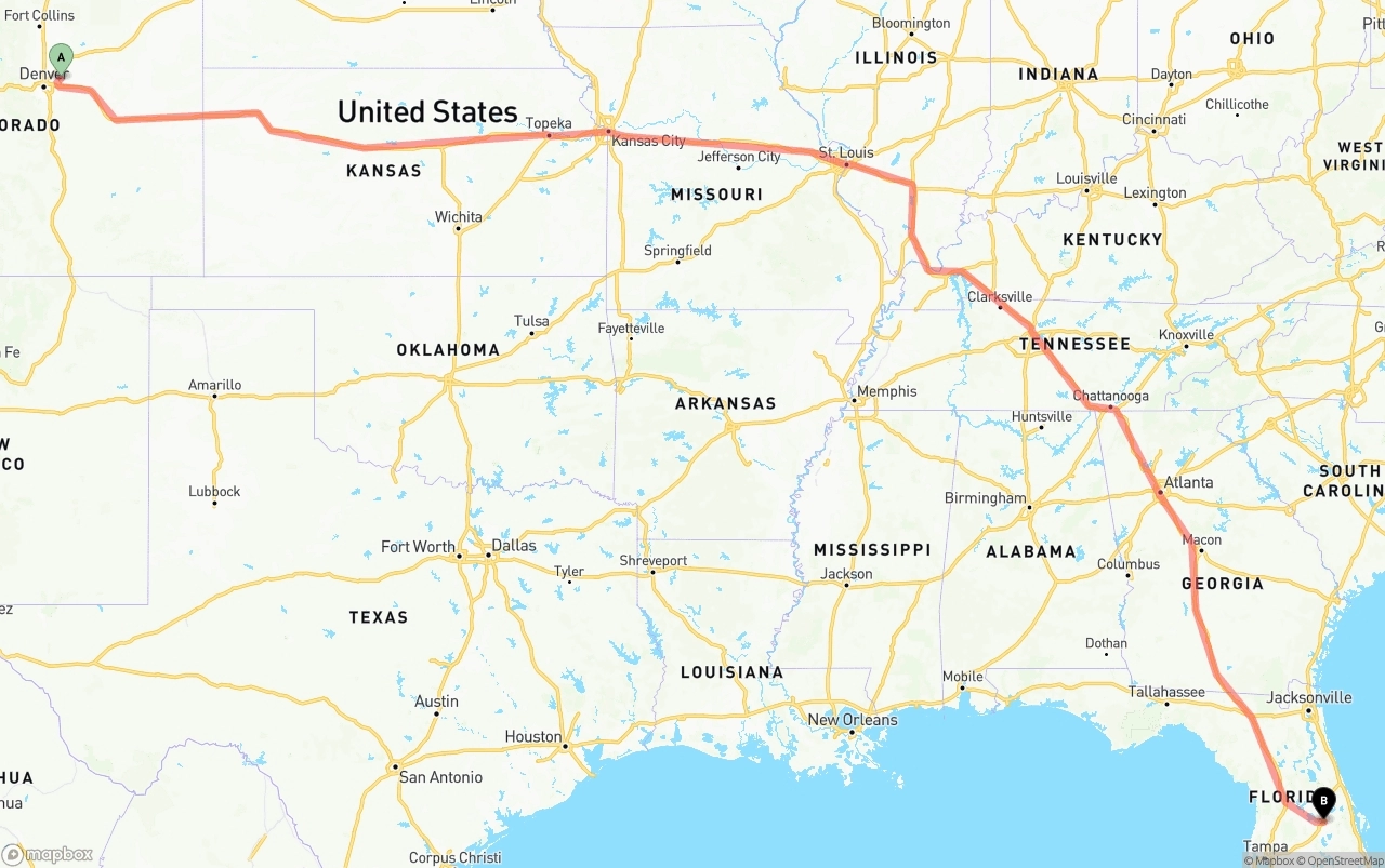 Shipping route from Denver International Airport to Orlando