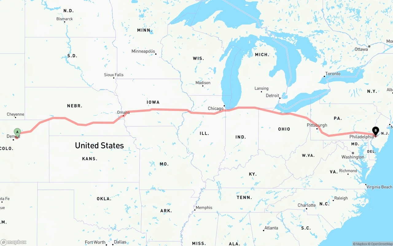Shipping route from Denver International Airport to Philadelphia