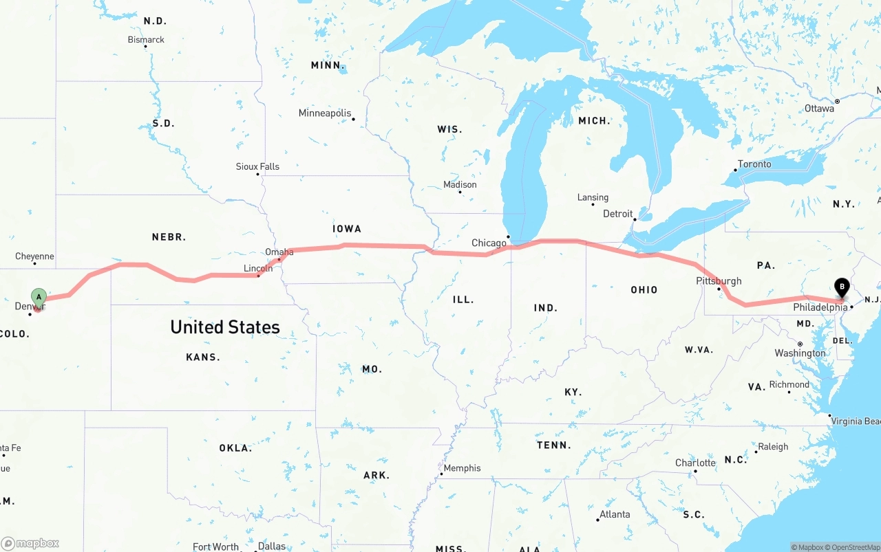 Shipping route from Denver International Airport to Phoenix
