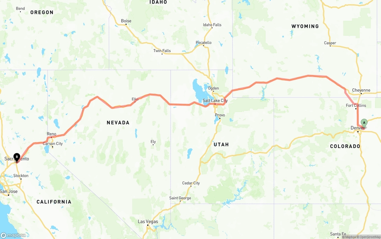 Shipping route from Denver International Airport to Sacramento