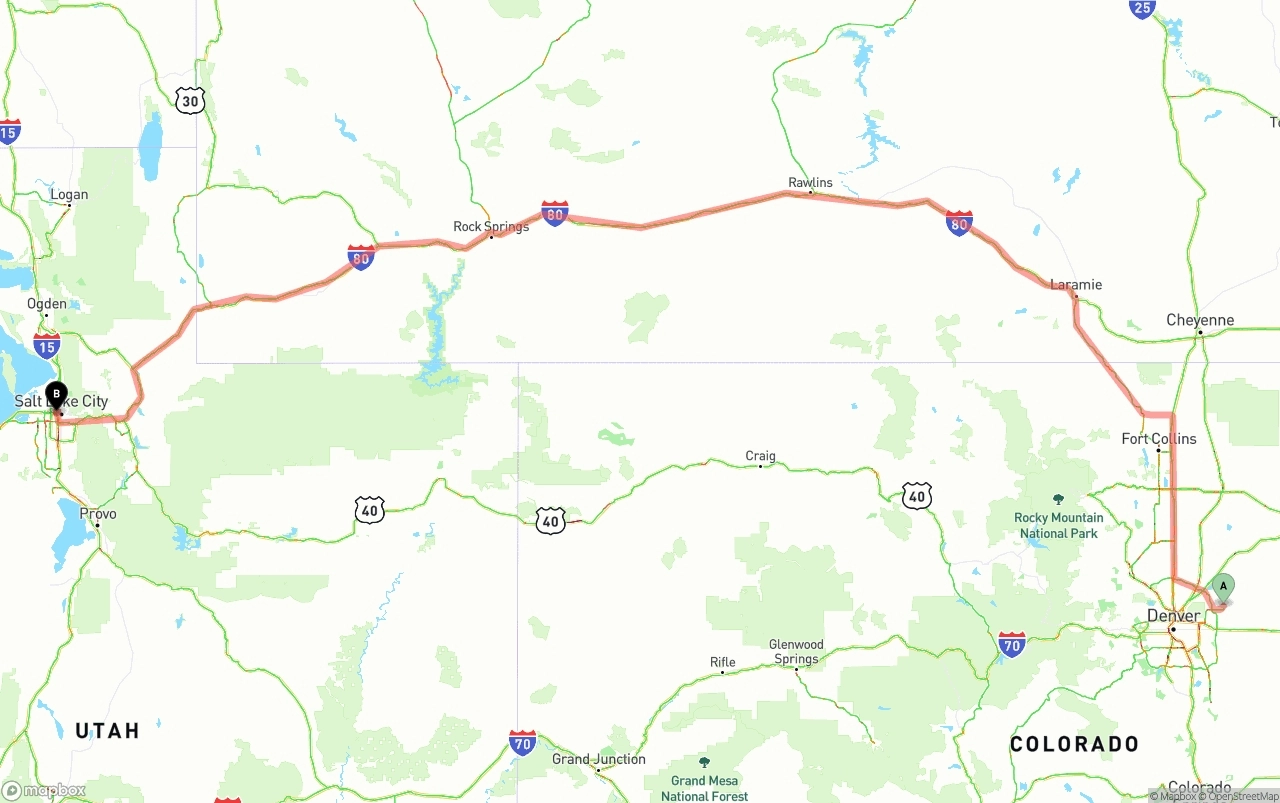 Shipping route from Denver International Airport to Salt Lake City