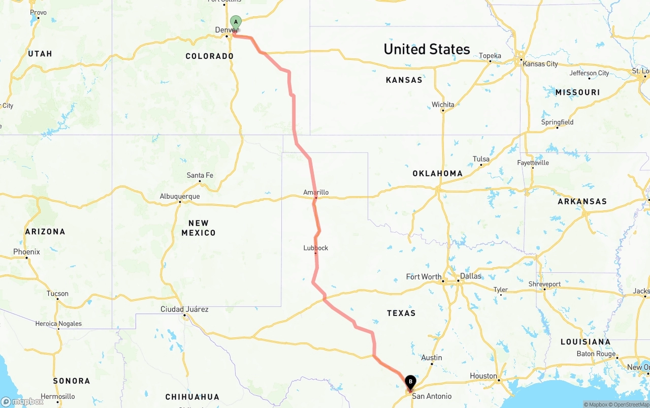 Shipping route from Denver International Airport to San Antonio