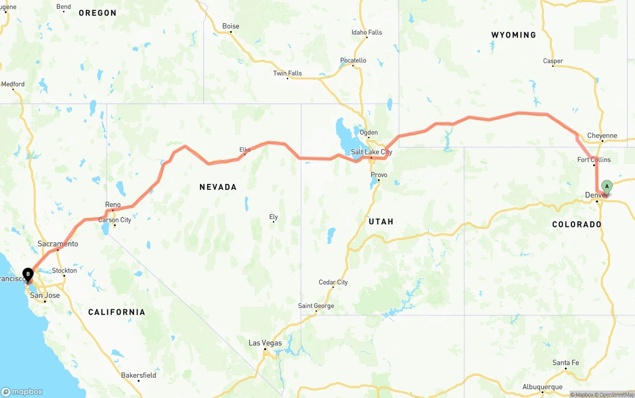 Shipping route from Denver International Airport to San Francisco