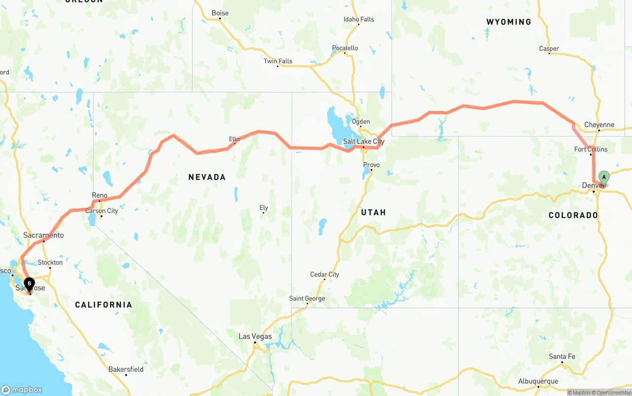 Shipping route from Denver International Airport to San Jose