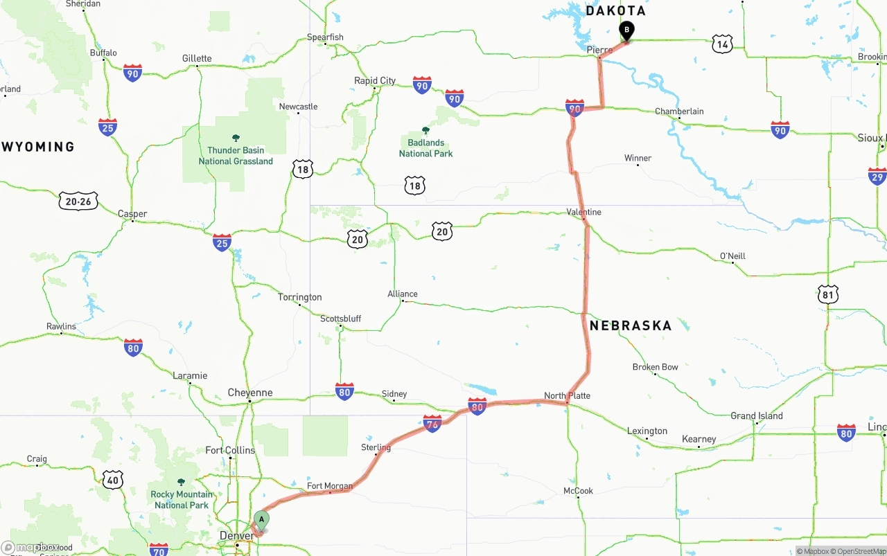 Shipping route from Denver International Airport to South Dakota