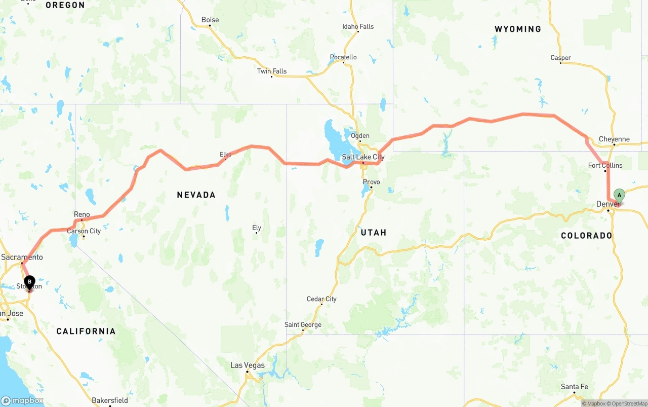 Shipping route from Denver International Airport to Stockton