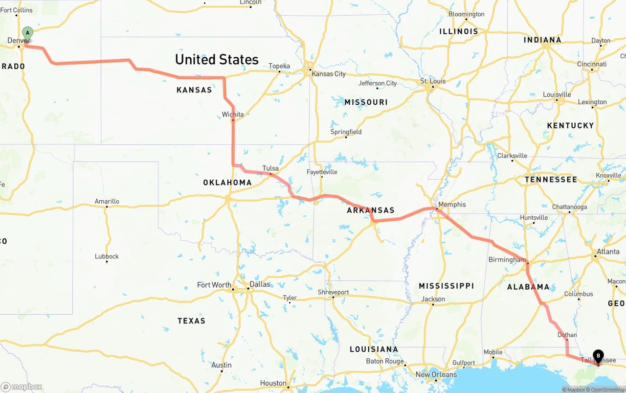 Shipping route from Denver International Airport to Tallahassee