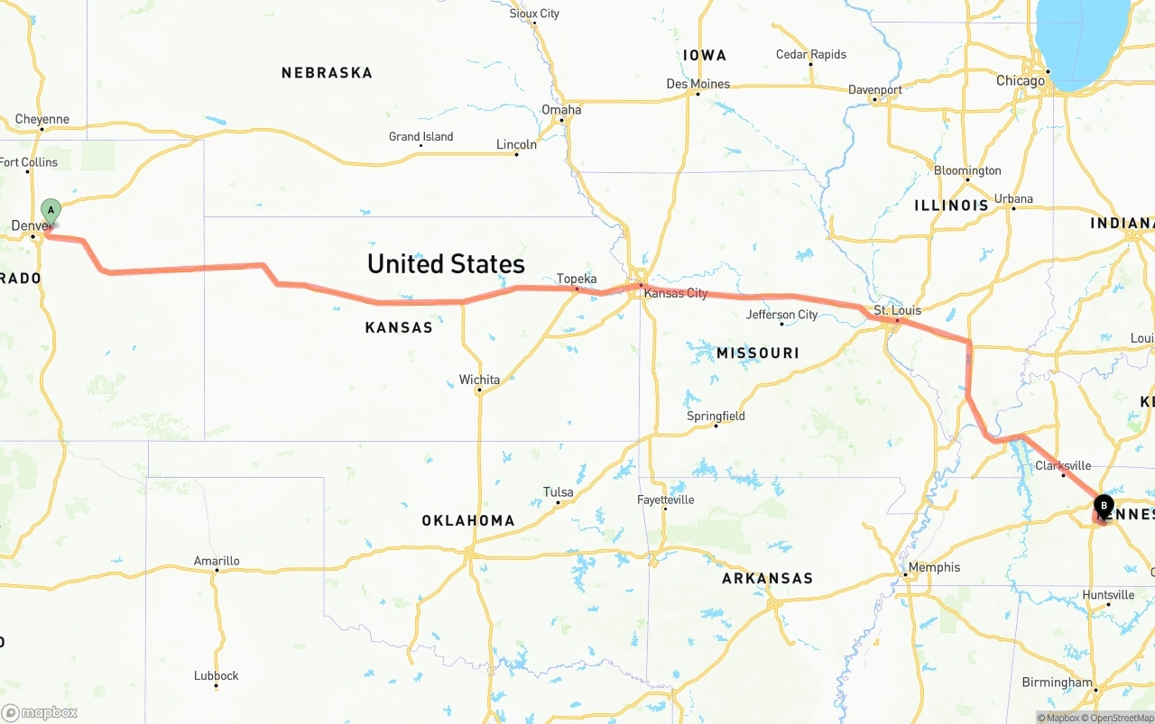 Shipping route from Denver International Airport to Tennessee