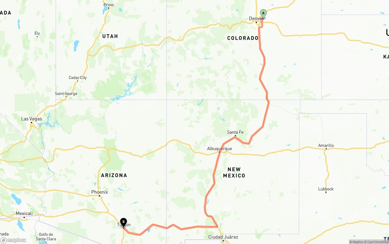 Shipping route from Denver International Airport to Tucson