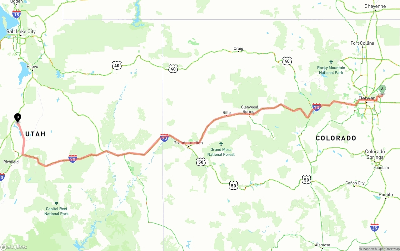 Shipping route from Denver International Airport to Utah