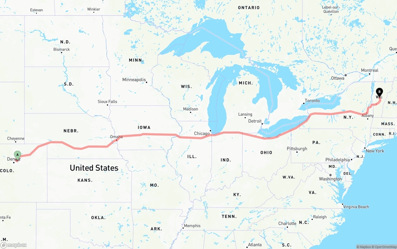 Shipping route from Denver International Airport to Vermont