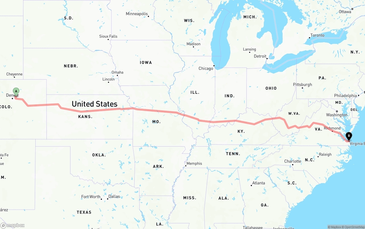 Shipping route from Denver International Airport to Virginia Beach