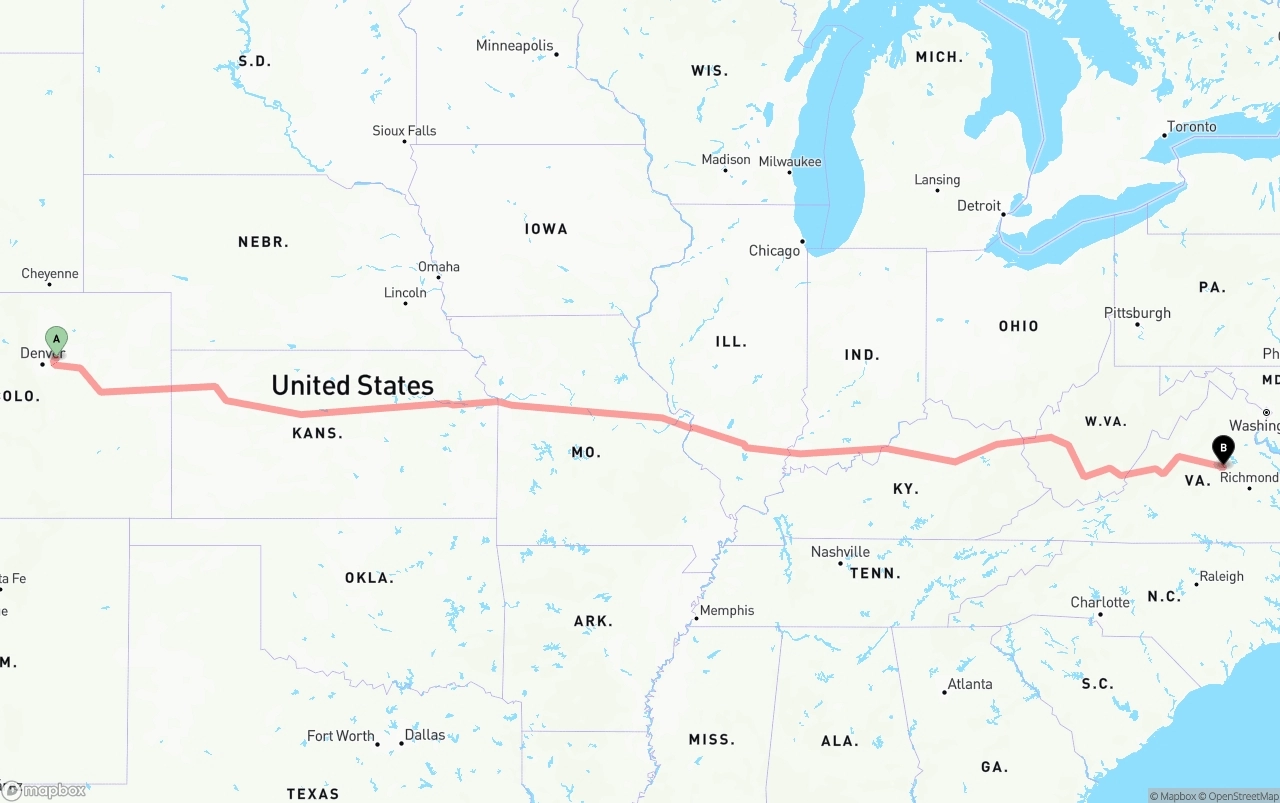 Shipping route from Denver International Airport to Virginia