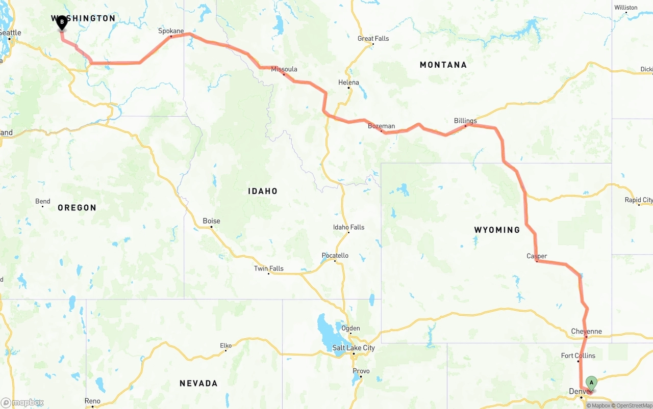 Shipping route from Denver International Airport to Washington