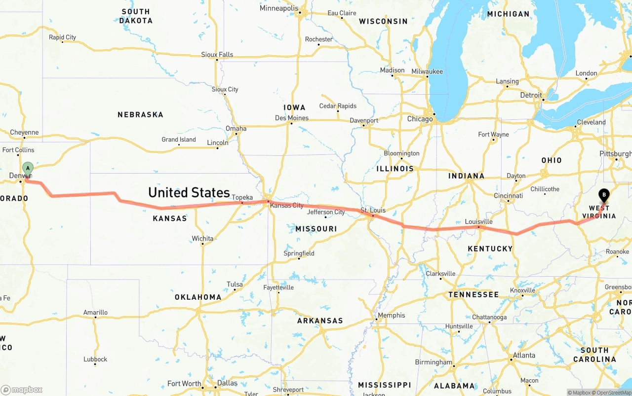 Shipping route from Denver International Airport to West Virginia