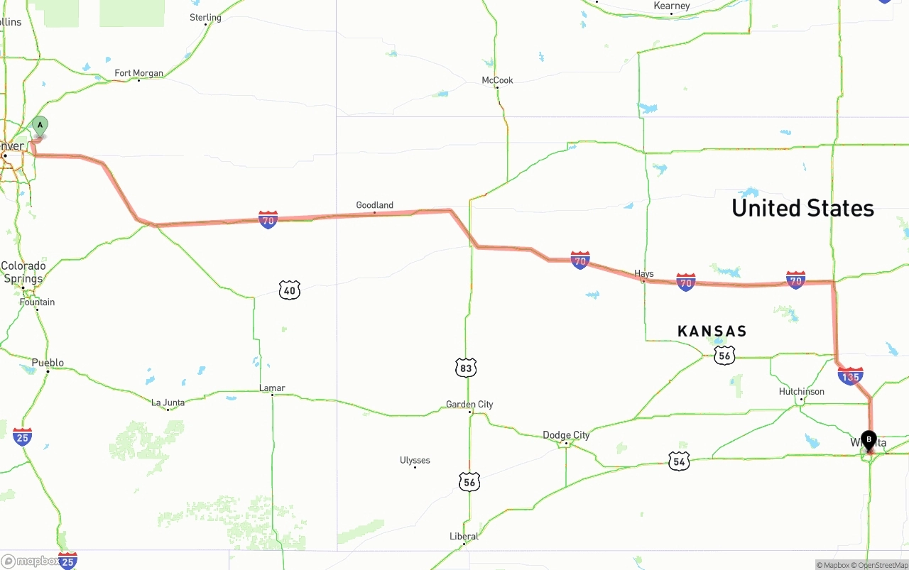 Shipping route from Denver International Airport to Wichita