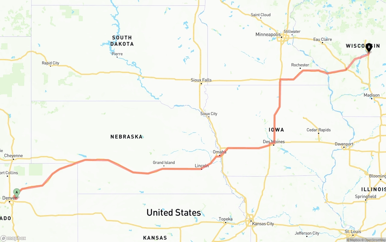 Shipping route from Denver International Airport to Wisconsin