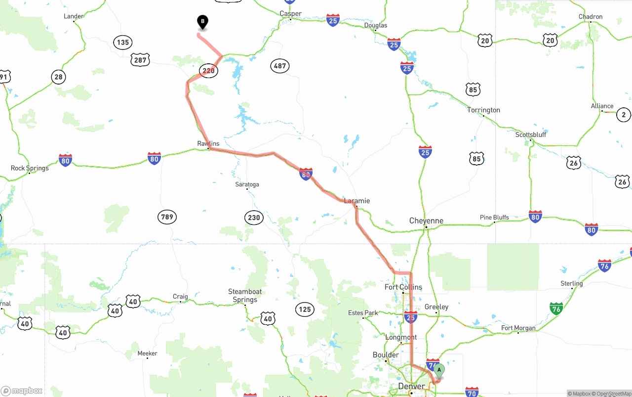 Shipping route from Denver International Airport to Wyoming