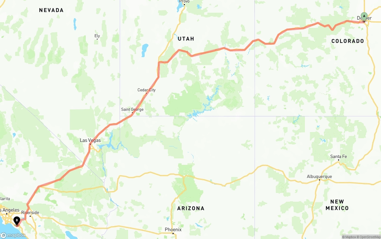 Shipping route from Denver to John Wayne Airport — Orange County