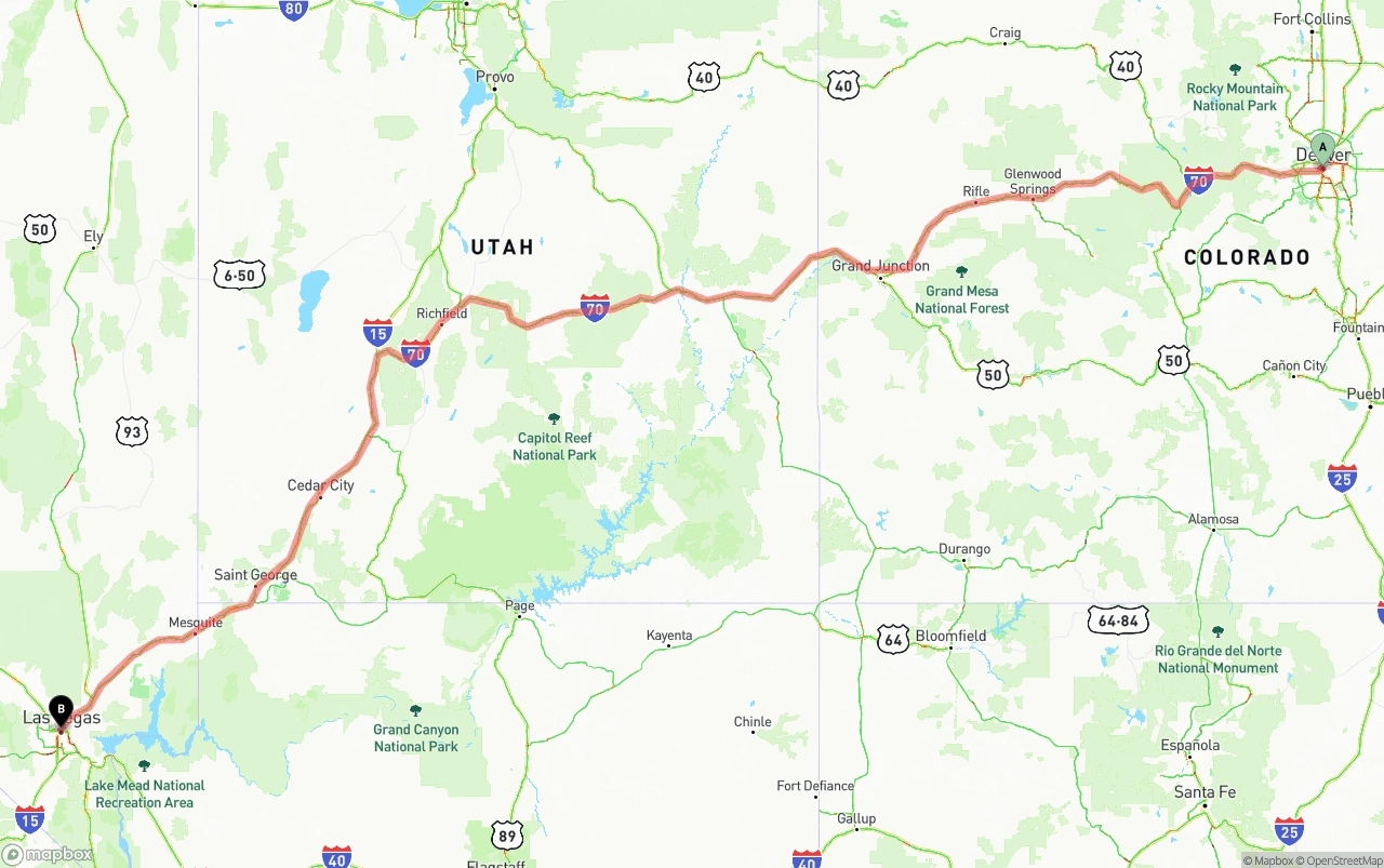 Shipping route from Denver to Las Vegas