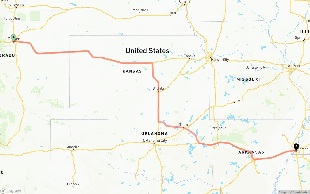 Shipping route from Denver to Memphis