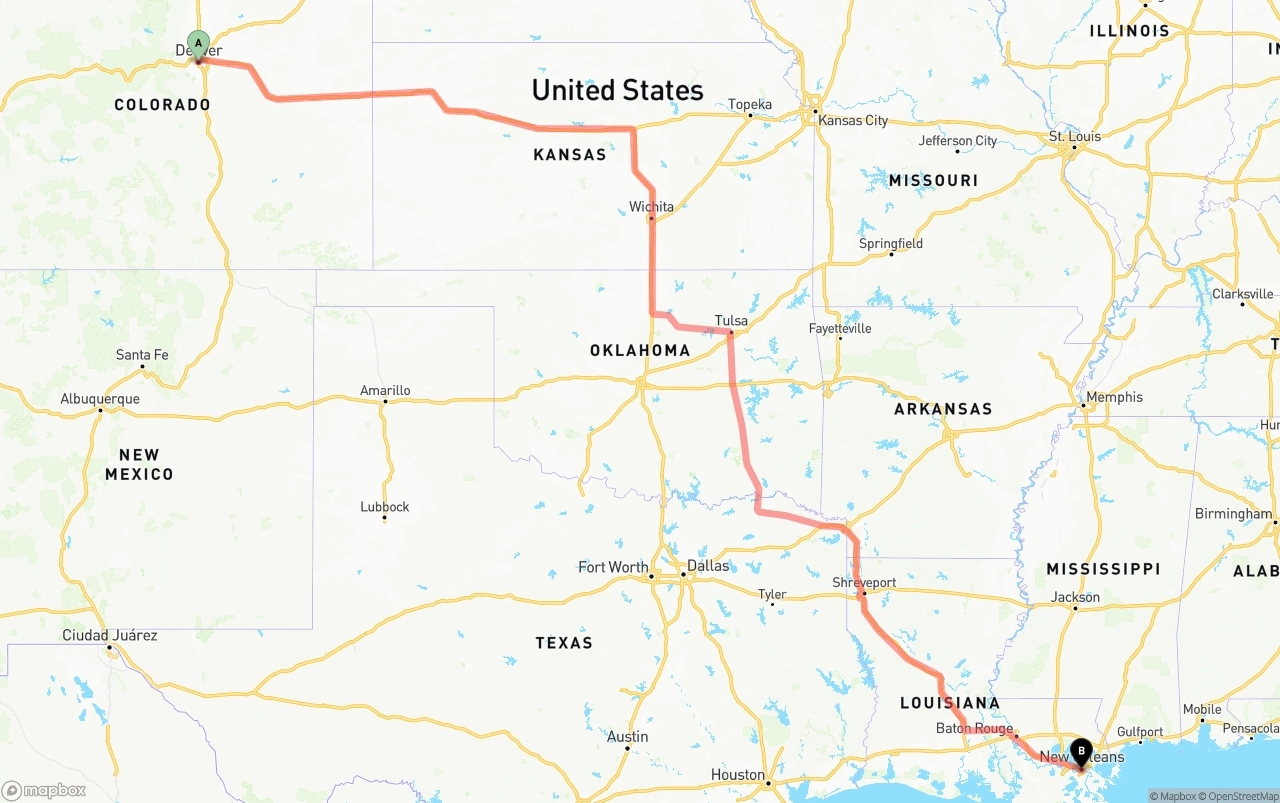 Shipping route from Denver to New Orleans