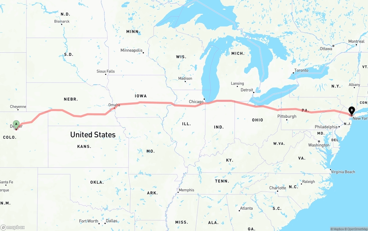 Shipping route from Denver to New York City