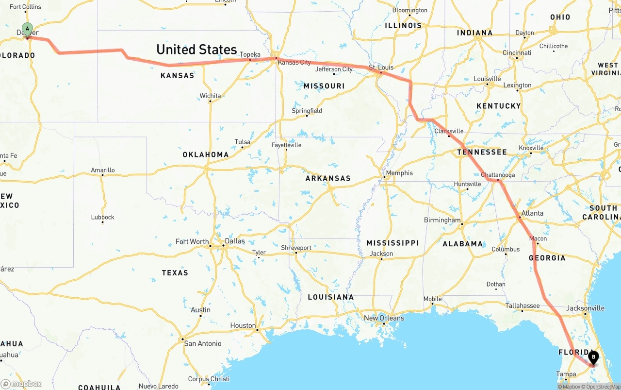 Shipping route from Denver to Orlando International Airport